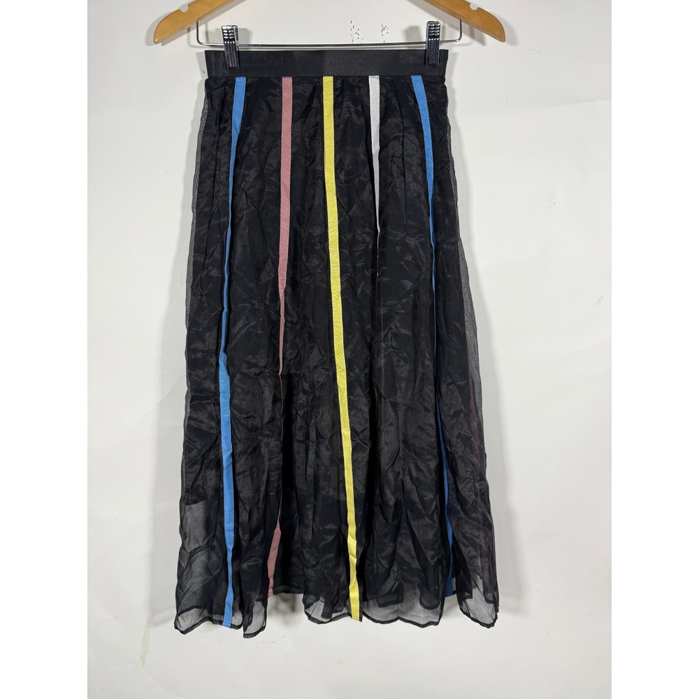 Akira Naka Womens Black Sheer Midi Skirt Multi Color Ribbon Stripe Size 1